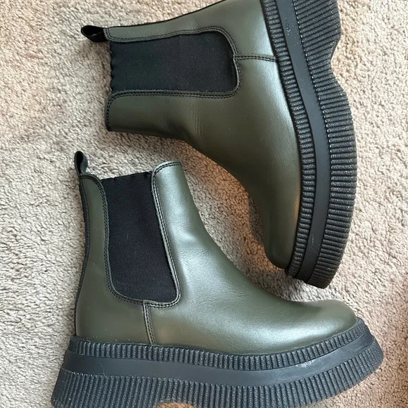 GANNI Olive Green Creepers Mid Chelsea Boots Size 6 - Picture 1 of 13
